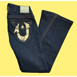 True Religion Joey Flare Jeans Twisted Leg Women's Size 28 NWOT Gold Foil Flap